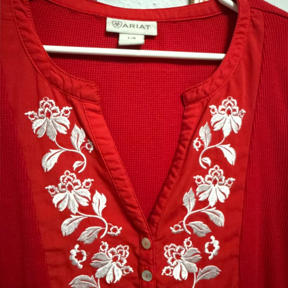 Ariat Red V-Neck Tunic with White Floral Embroidery